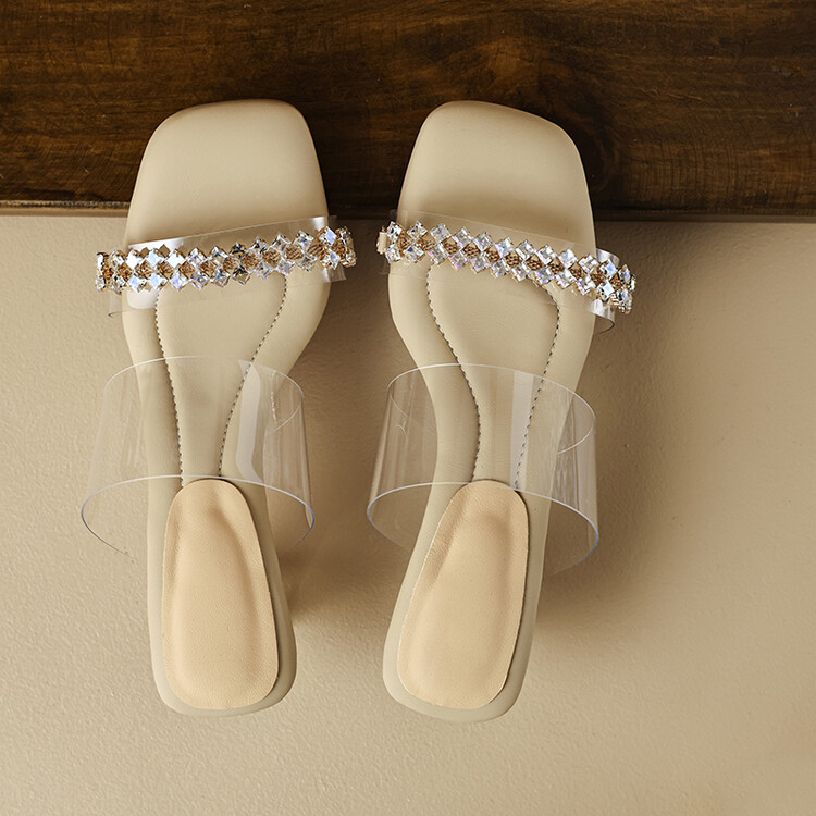 Women's Low Heel Chunky Sandals with Rhinestone and Sequin Details - Image 3