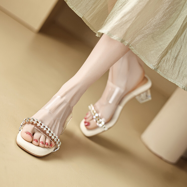Women's Low Heel Chunky Sandals with Rhinestone and Sequin Details - Image 4
