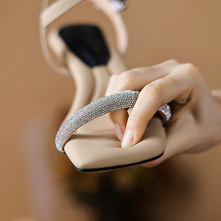 Women's Open Toe Mid Heel Sandals with Rhinestone Metal Decoration
