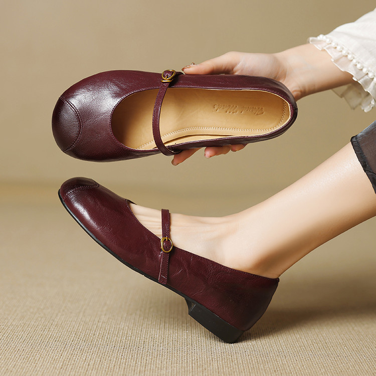 Fashion Flat Shoes for Women - Sheepskin Upper, TPR Sole, Mid Chunky Heel, Slip-On, Round Toe, Solid Pattern, Spring 2025