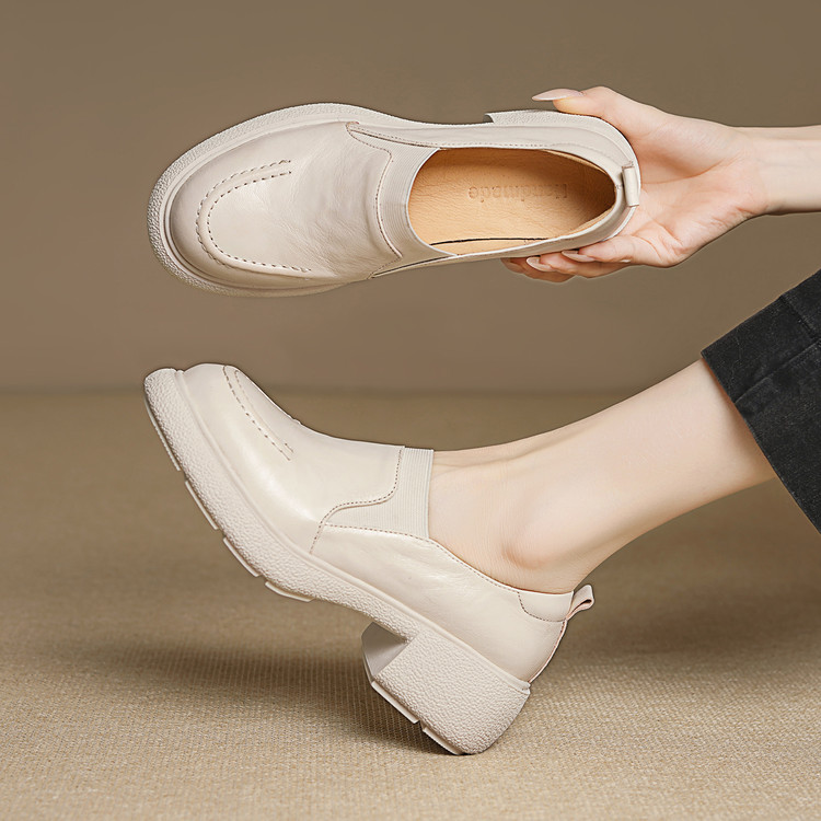 Women's Leather Loafers with Mid Heel and Round Toe