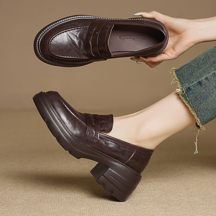 Women's Leather Loafers with High Heel and Platform Sole