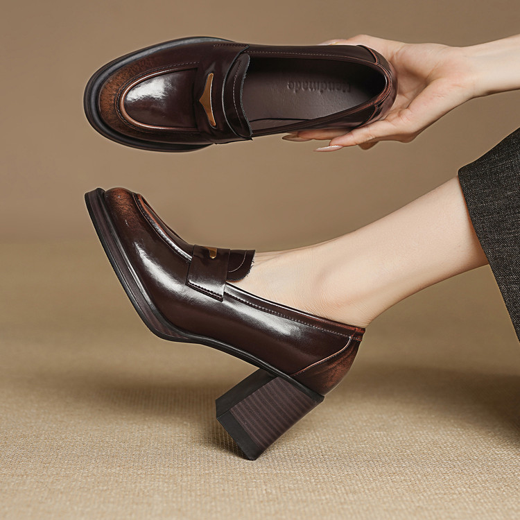 Women's High Heel Loafers with Metal Detail and Round Toe
