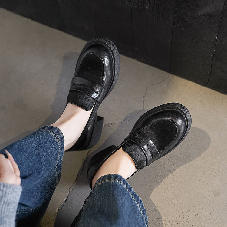 Women's Leather Loafers with Platform Mid Heel in Dark Brown or Black - Image 4