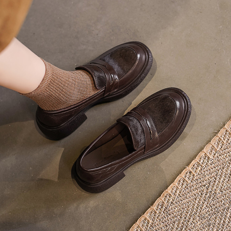 Women's Leather Loafers with Platform Mid Heel in Dark Brown or Black - Image 3