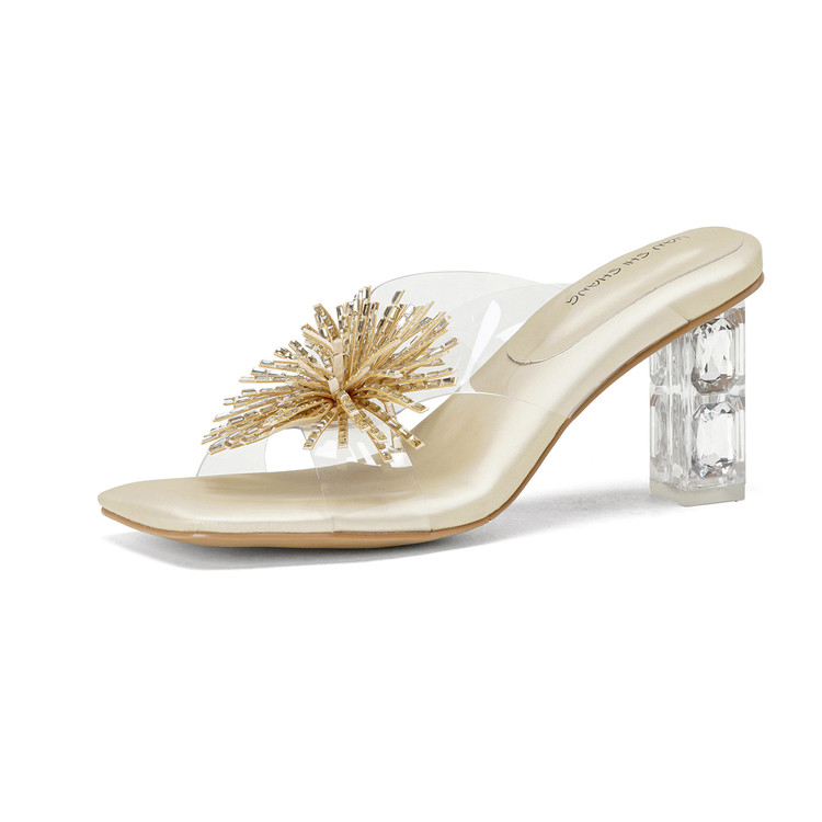 Gold Silver Rhinestone Open Toe Mid Square Heel Slippers for Women - Image 4